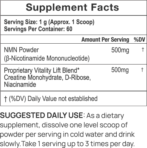 Vitality ↑® NAD+ Booster Powder 16 vitality boost supplement label 0d37135f