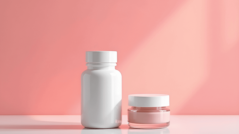 Bottle of Niacin Beside a Jar of Niacinamide Cream