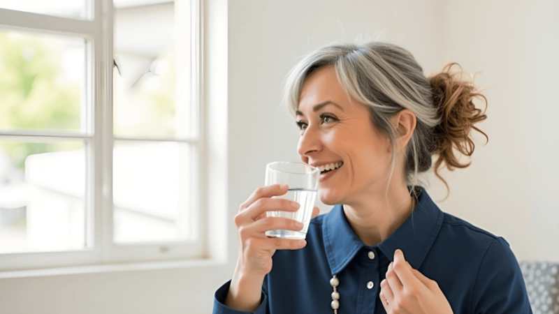 Woman drinking a glass of water with her morning NMN supplement