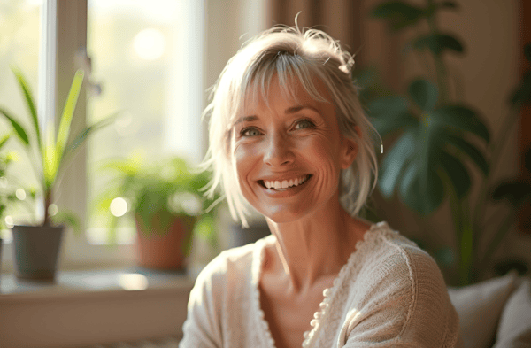 A healthy woman smiling, aging gracefully