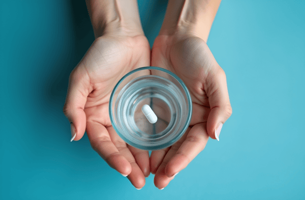 Woman's perspective, hands holding a glass of water with a B3 supplement